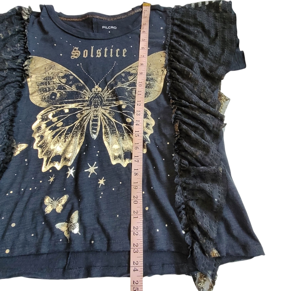 Anthropologie Pilcro Solstice Butterfly Tee Black Gold Lace Flutter Sleeve S - Picture 15 of 15